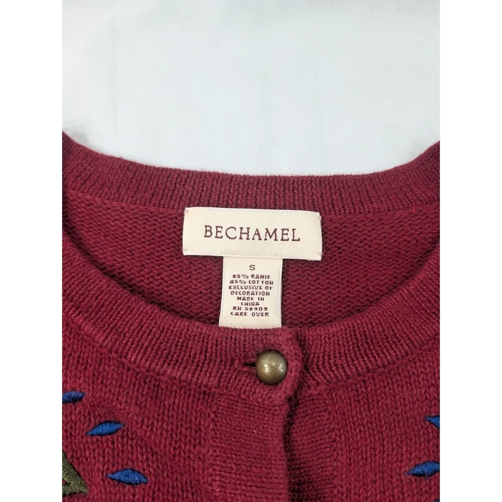 Bechamel Maroon Cotton Blend Cardigan Sweater Embroidered Shoulder Pads‎ Small